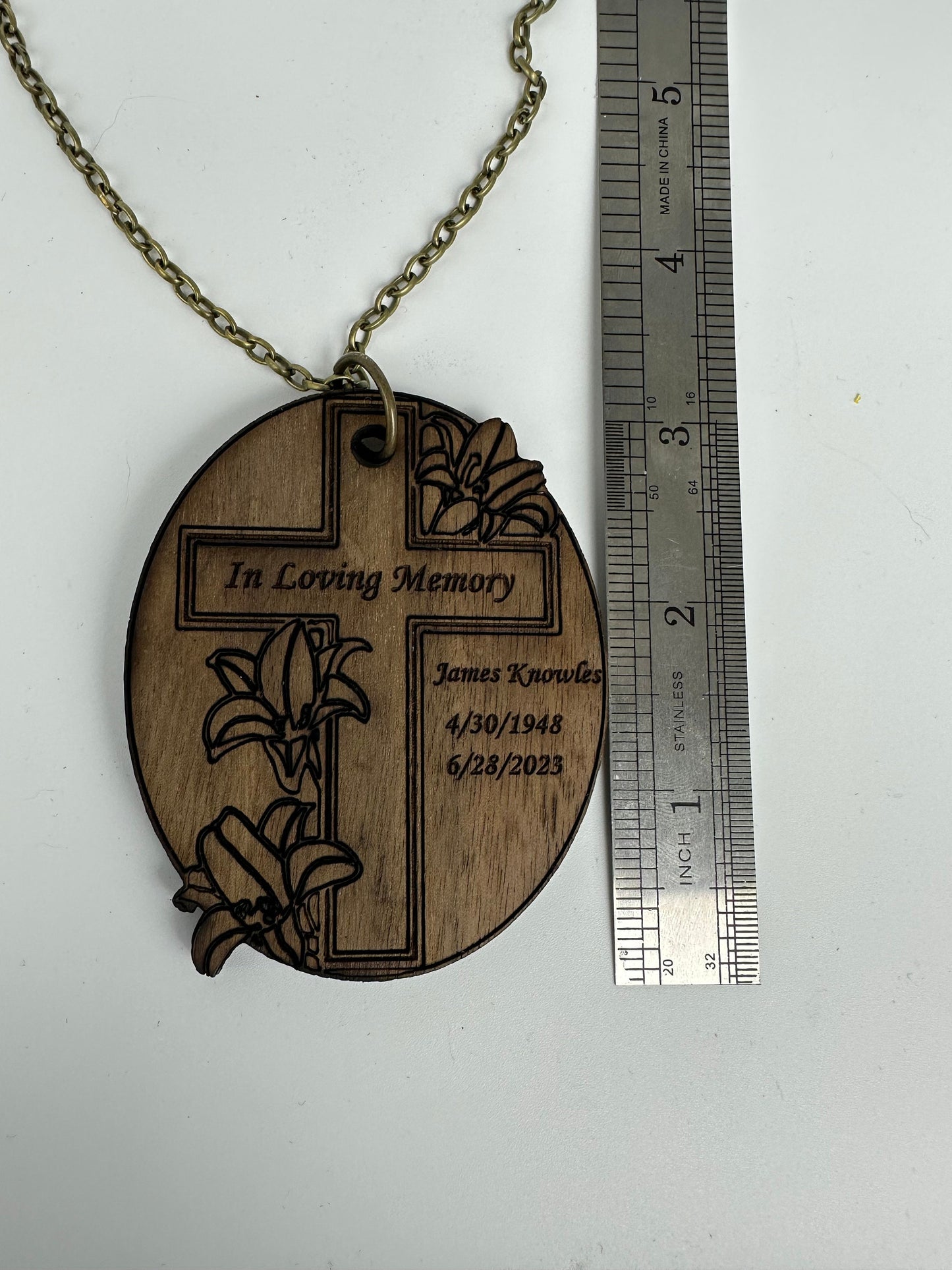 Personalized Wood Urn Tag: Engraved Cross & Lilies Memorial