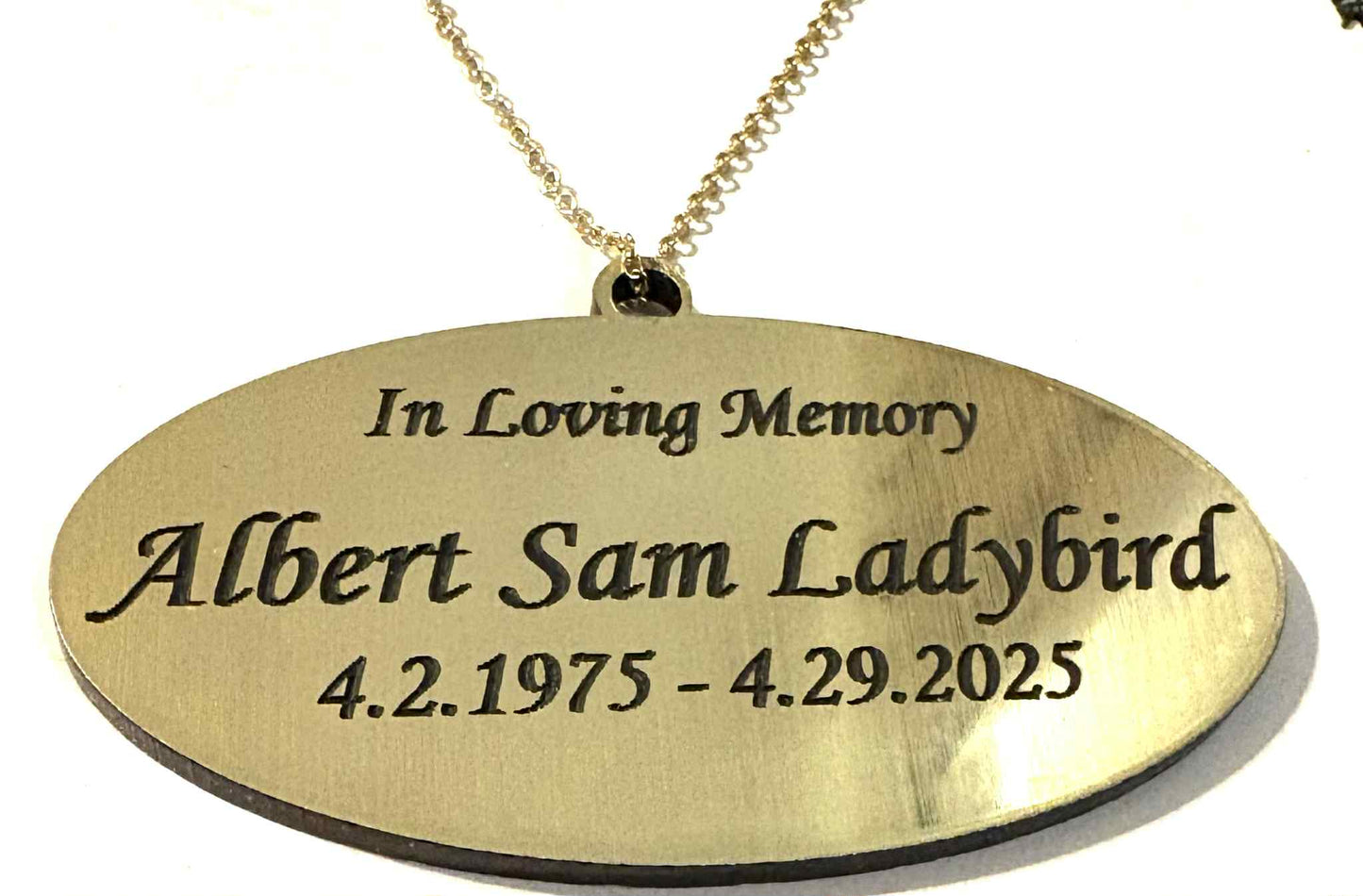 Gold Oval Urn Name Tag - Plaque for Urns for Ashes Plastic Metal with Metal Chain