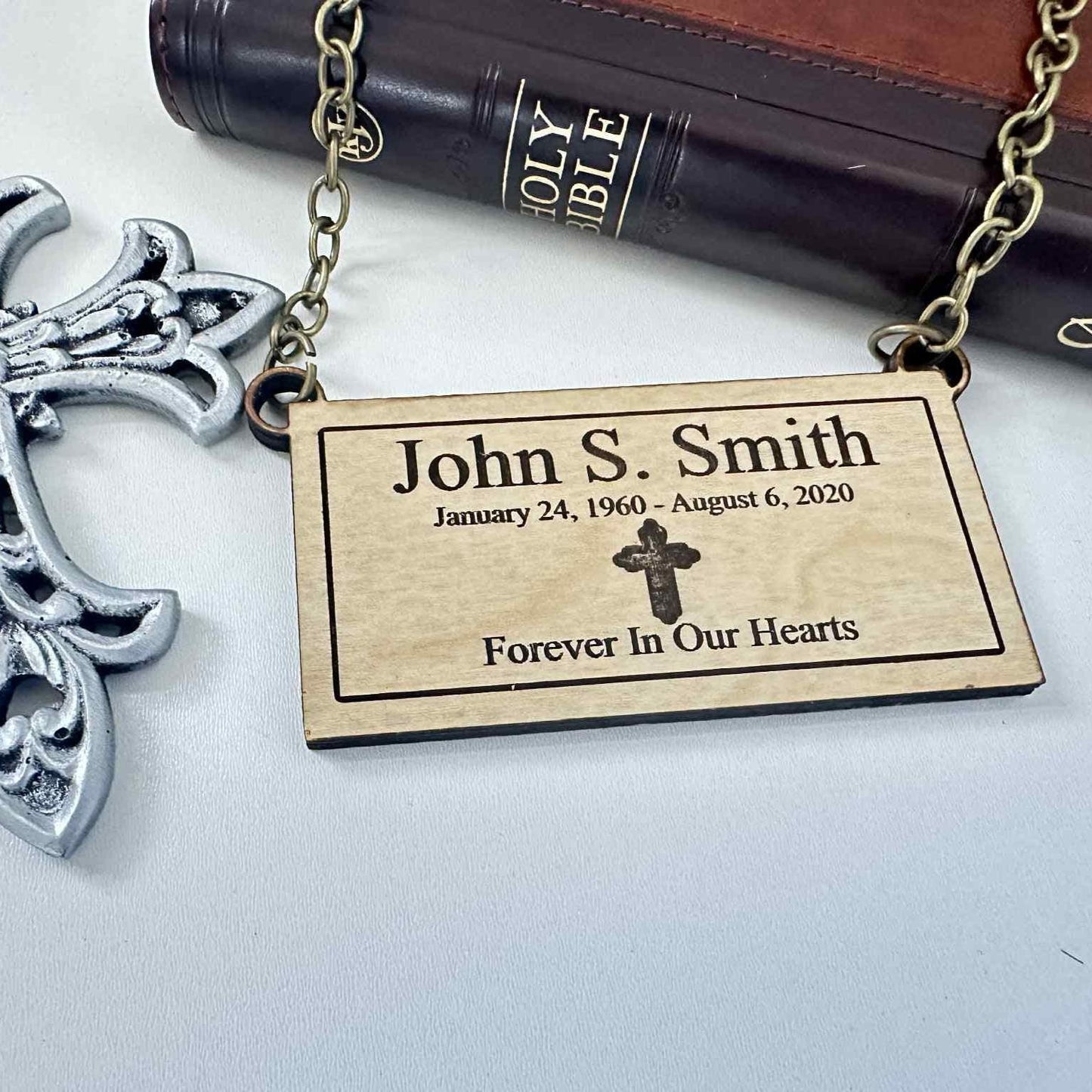 Engraved Wood Urn Name Tag: Memorial Cross Plaque
