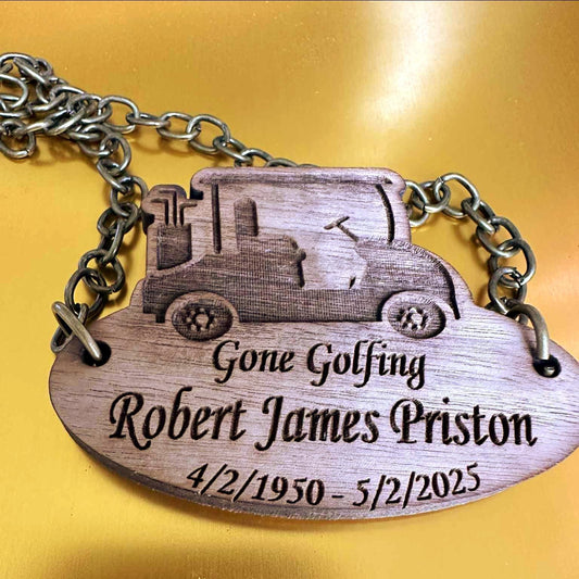 Engraved Golfing Cart Wooden Urn Name Tag: Golfing Memorial Plaque