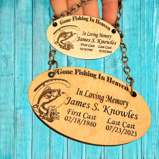 Personalized Fishing in Heaven name tag for urns - Christmas ornament - Engraved Wood and Acrylic Keychain funeral favor and token.