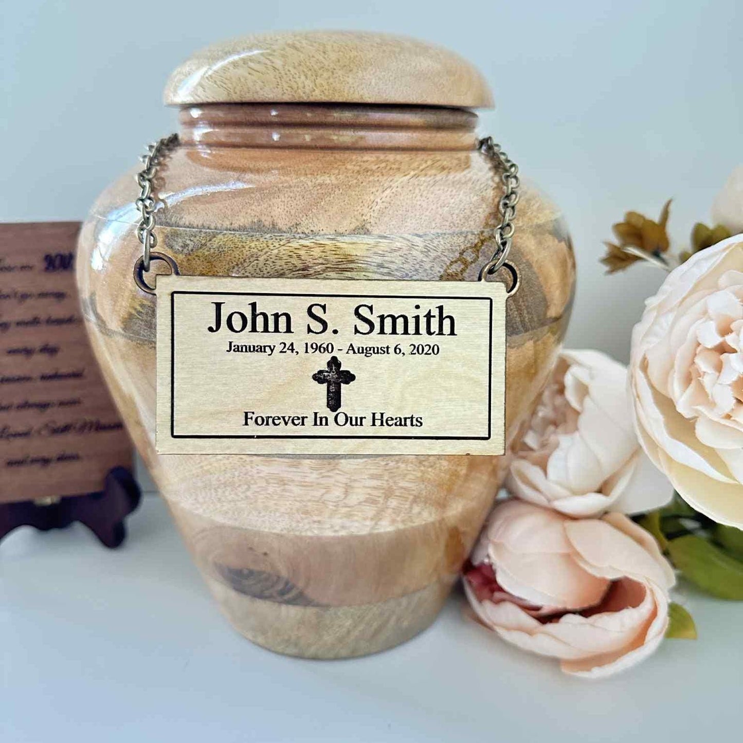 Engraved Wood Urn Name Tag: Memorial Cross Plaque