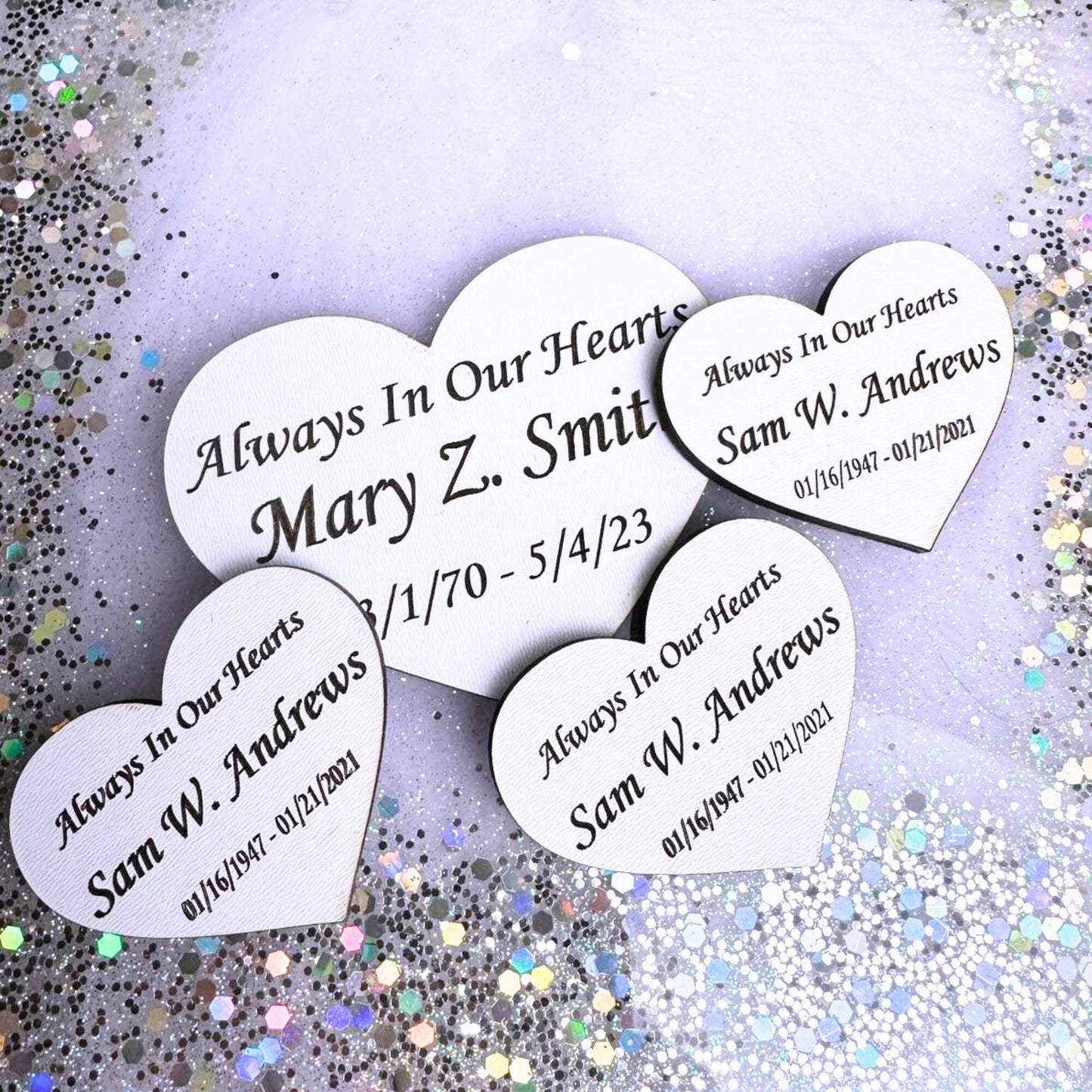 Wood heart funeral favor with laser engraving.  Heart shaped memorial token for celebration of life 2” and 2.5”. Wood, white, gold, silver (Copy)