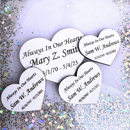 Wood heart funeral favor with laser engraving.  Heart shaped memorial token for celebration of life 2” and 2.5”. Wood, white, gold, silver (Copy)