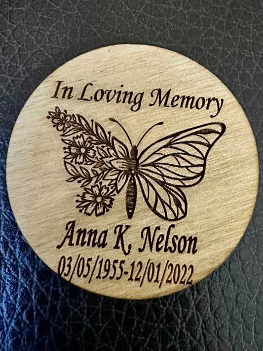 Butterfly keepsake Funeral Favor - Engraved Wood 1.75 inch Memorial Token to give guests at wakes and visitations.