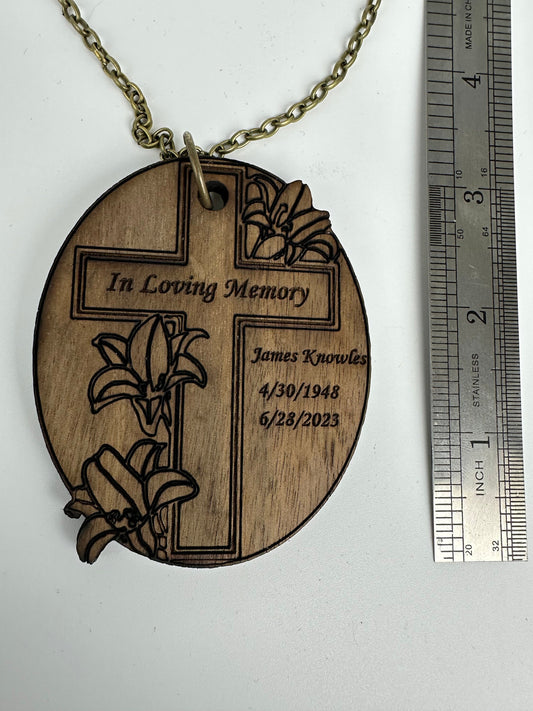 Personalized Wood Urn Tag: Engraved Cross & Lilies Memorial