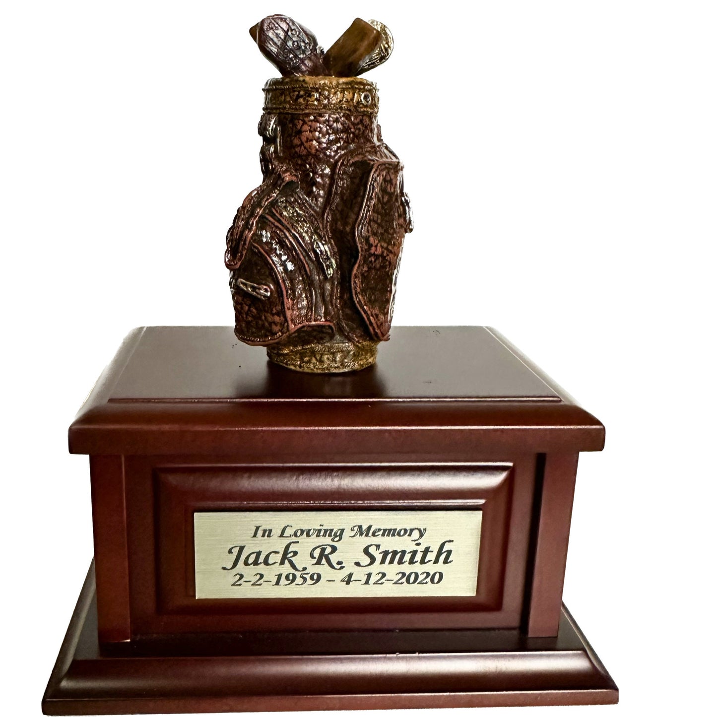 Gone Golfing small Keepsake Memorial Urn for ashes for humans.  Golfing in Heaven Keepsake for Golf lovers featuring golf clubs