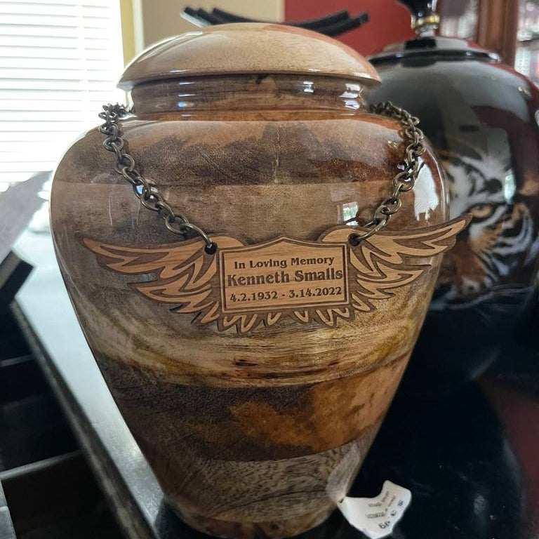 Natural Wood Angel Wing Urn Name Tag - Plaque for Cremation Urn with chain