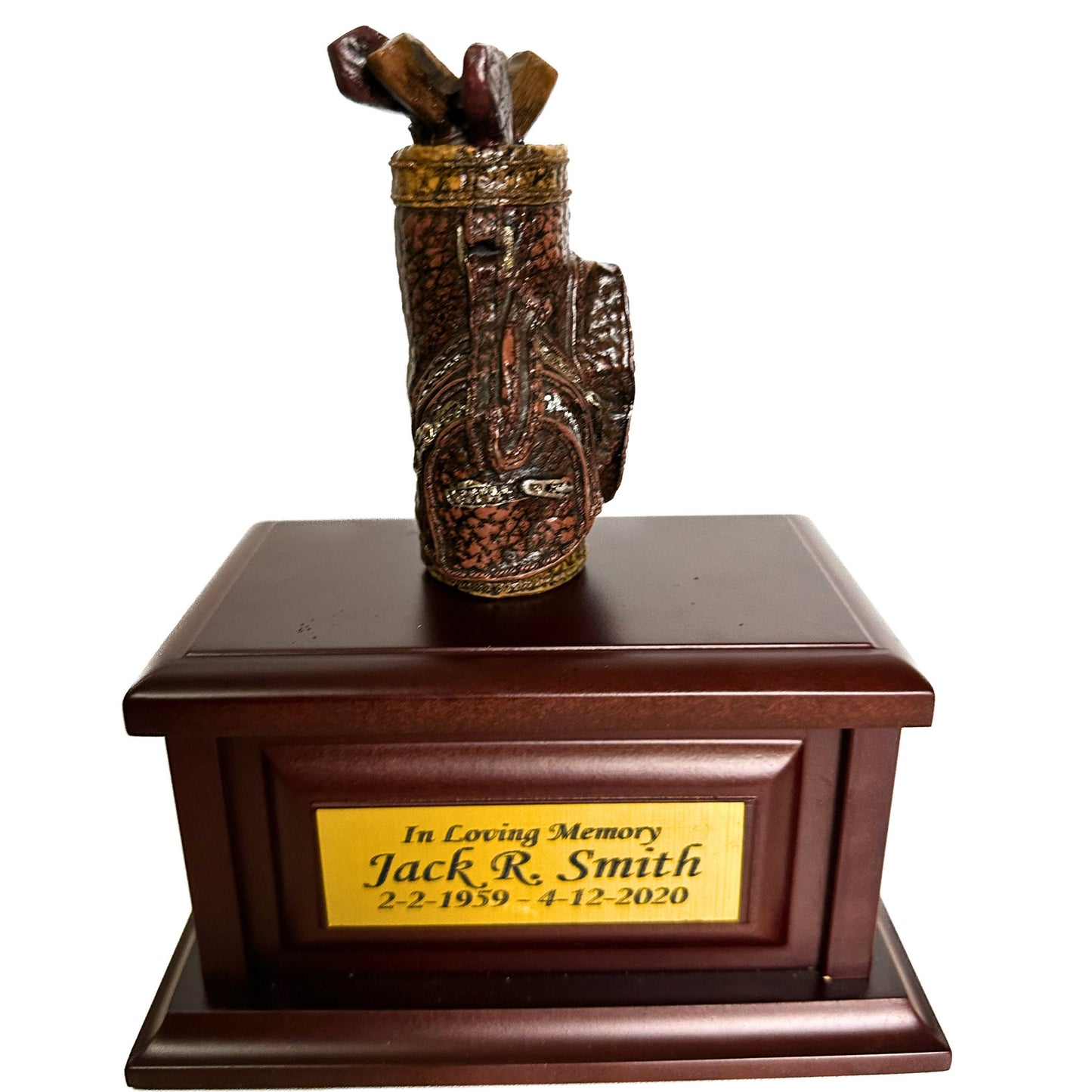 Gone Golfing small Keepsake Memorial Urn for ashes for humans.  Golfing in Heaven Keepsake for Golf lovers featuring golf clubs