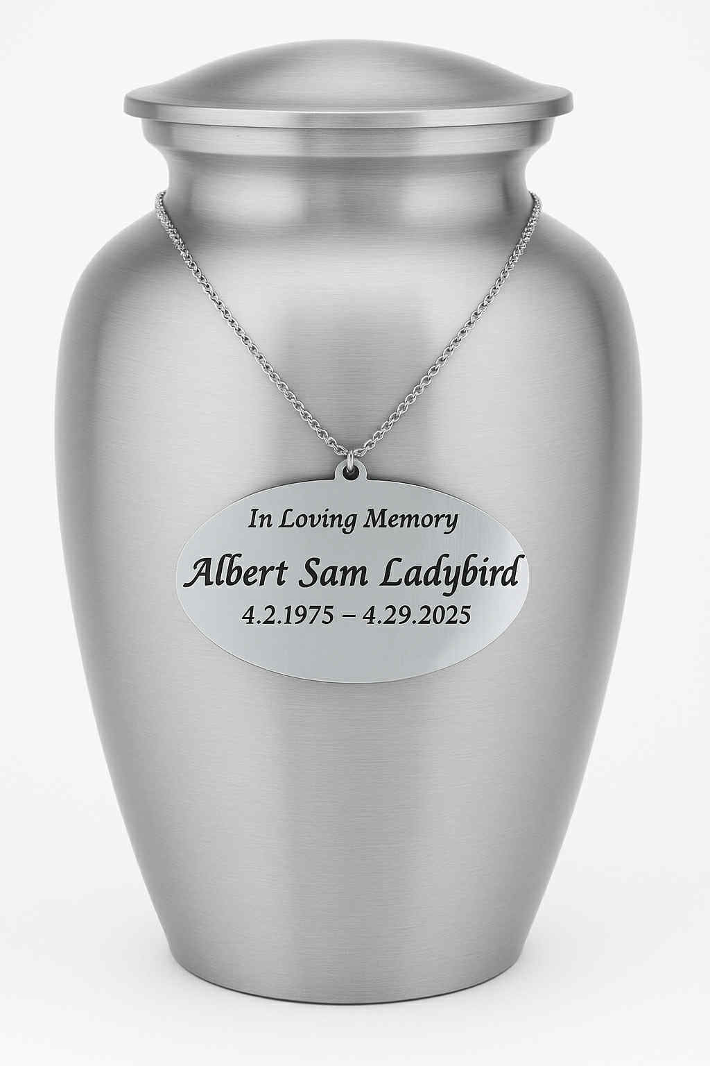 Silver Oval Urn name tag - Plaque for Urn for Ashes - Plastic Metal with Metal Chain