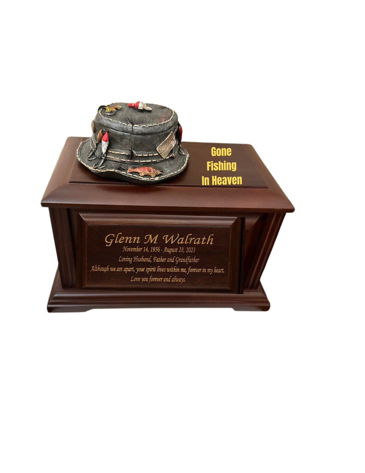 Gone Fishing Wood Memorial Urn for ashes for adult humans.  Fishing in Heaven Urn for outdoors lovers, fishermen.  Cremation Urn Full Size