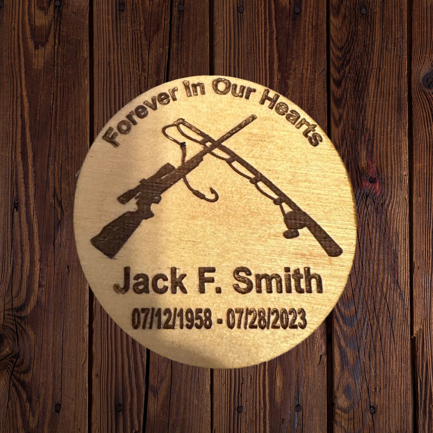 Hunting Rifle and Fishing Rod  Personalized Funeral Favor - Engraved Wood 2" Memorial Token for Hunters and Fishermen or Outdoor Lovers