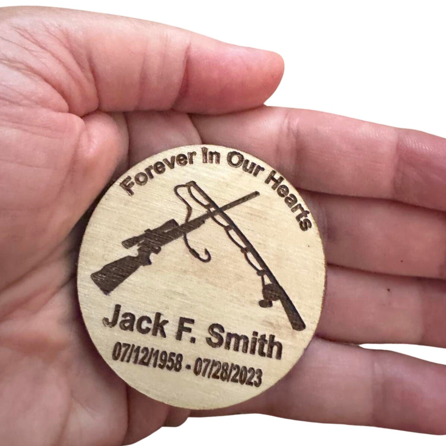 Hunting Rifle and Fishing Rod  Personalized Funeral Favor - Engraved Wood 2" Memorial Token for Hunters and Fishermen or Outdoor Lovers