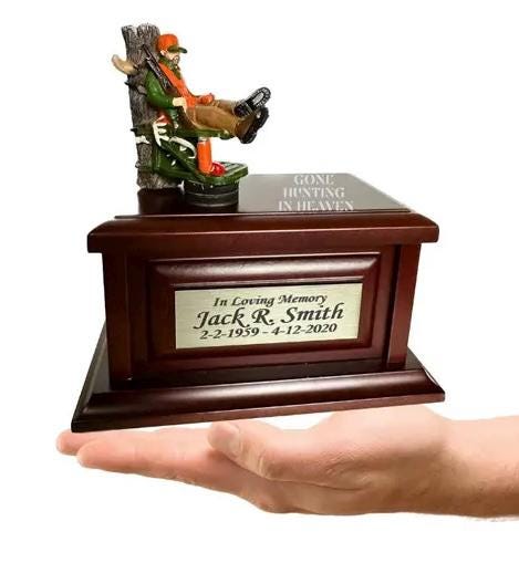Gone Hunting Wood Keepsake Memorial Urn for ashes for adult humans.  Hunting in Heaven Keepsake for outdoors lovers, campers and hunters