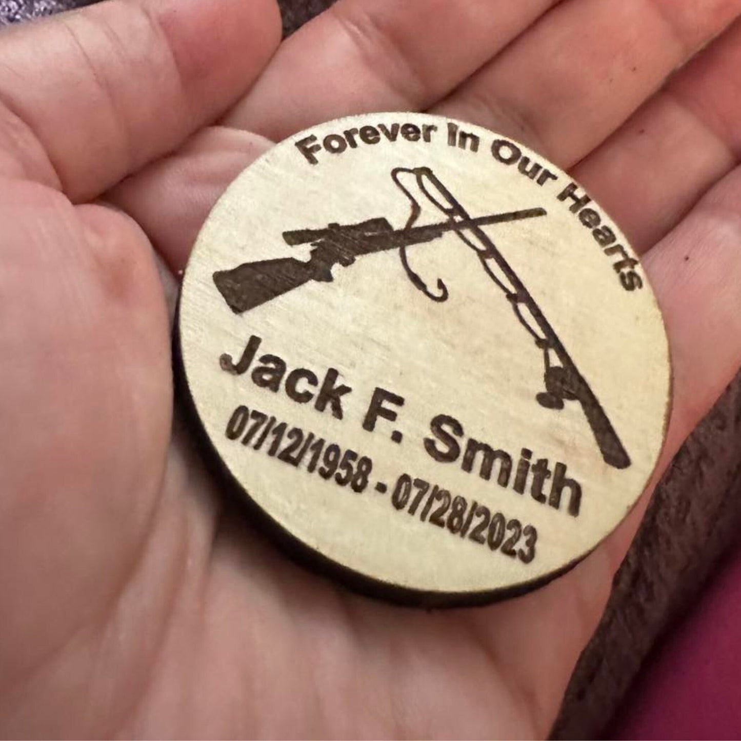 Hunting Rifle and Fishing Rod  Personalized Funeral Favor - Engraved Wood 2" Memorial Token for Hunters and Fishermen or Outdoor Lovers