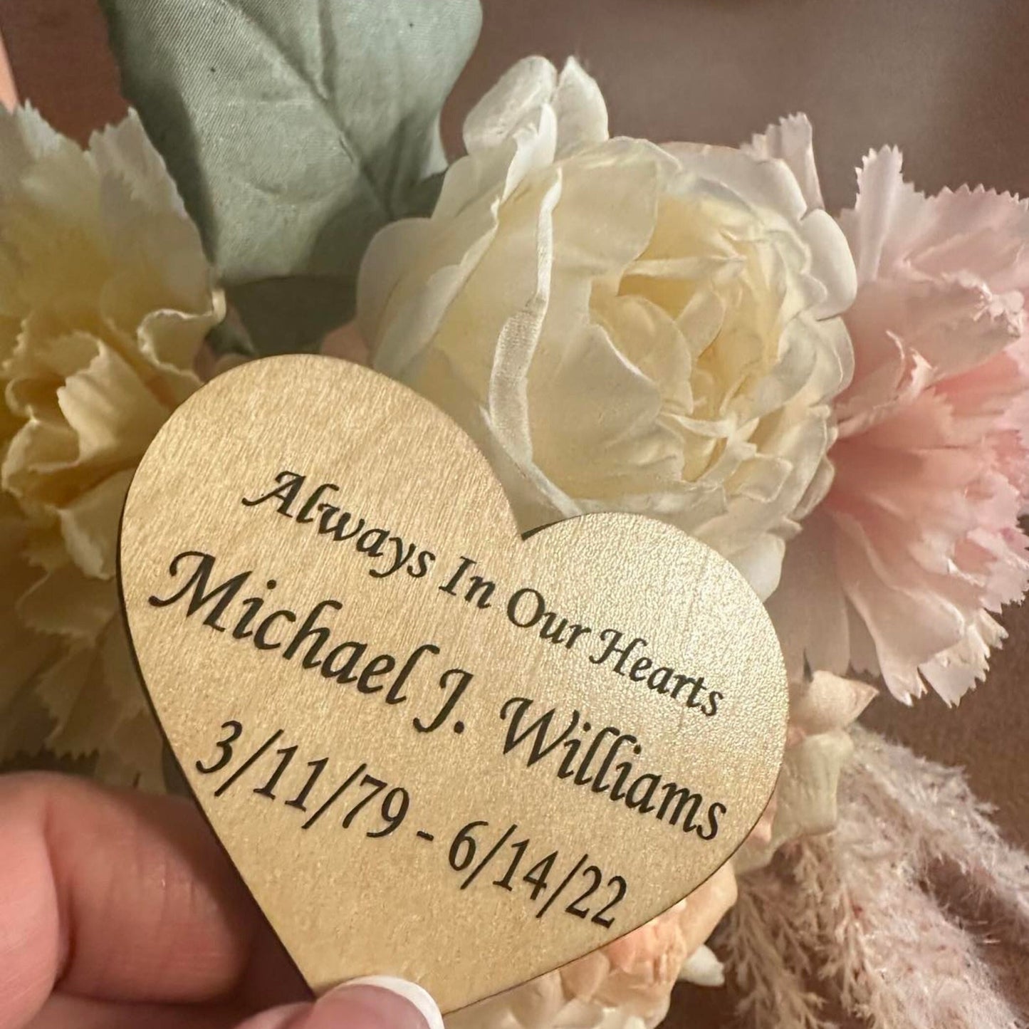 Wood heart funeral favor with laser engraving.  Heart shaped memorial token for celebration of life 2” and 2.5”. Wood, white, gold, silver (Copy)