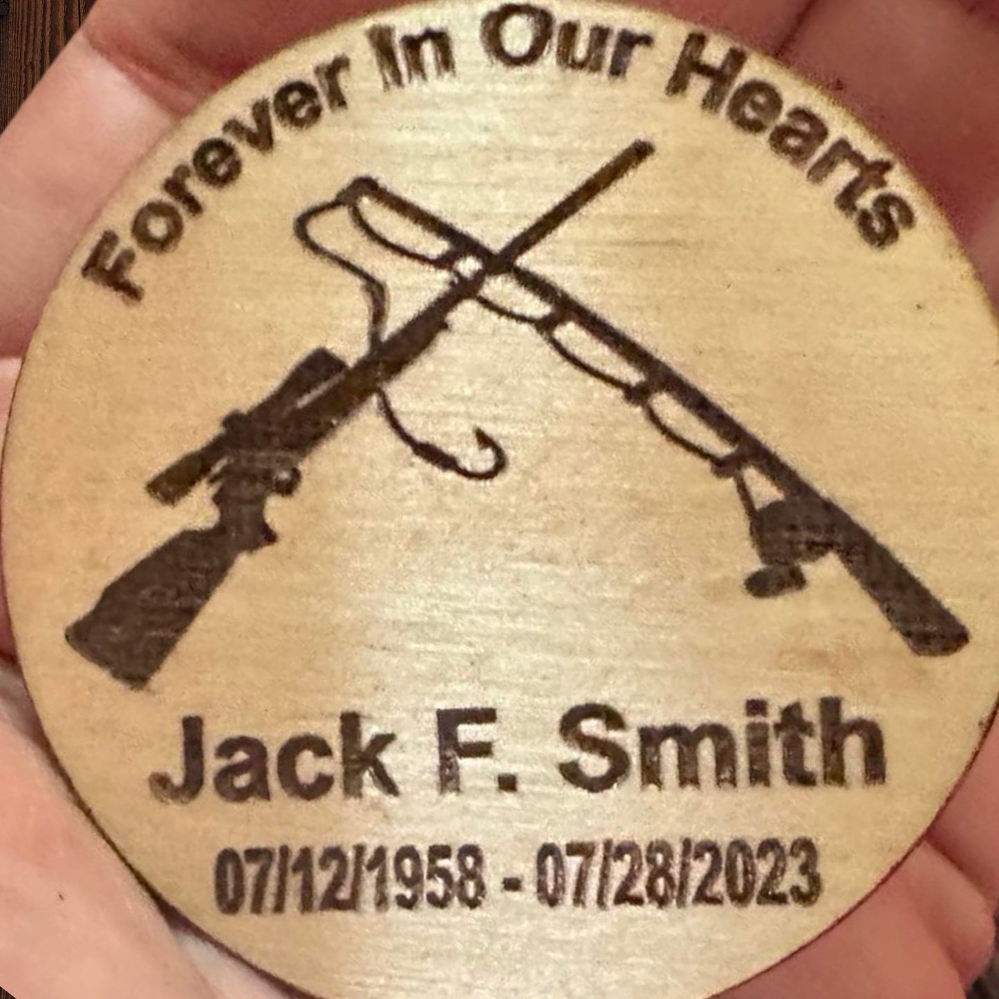 Hunting Rifle and Fishing Rod  Personalized Funeral Favor - Engraved Wood 2" Memorial Token for Hunters and Fishermen or Outdoor Lovers