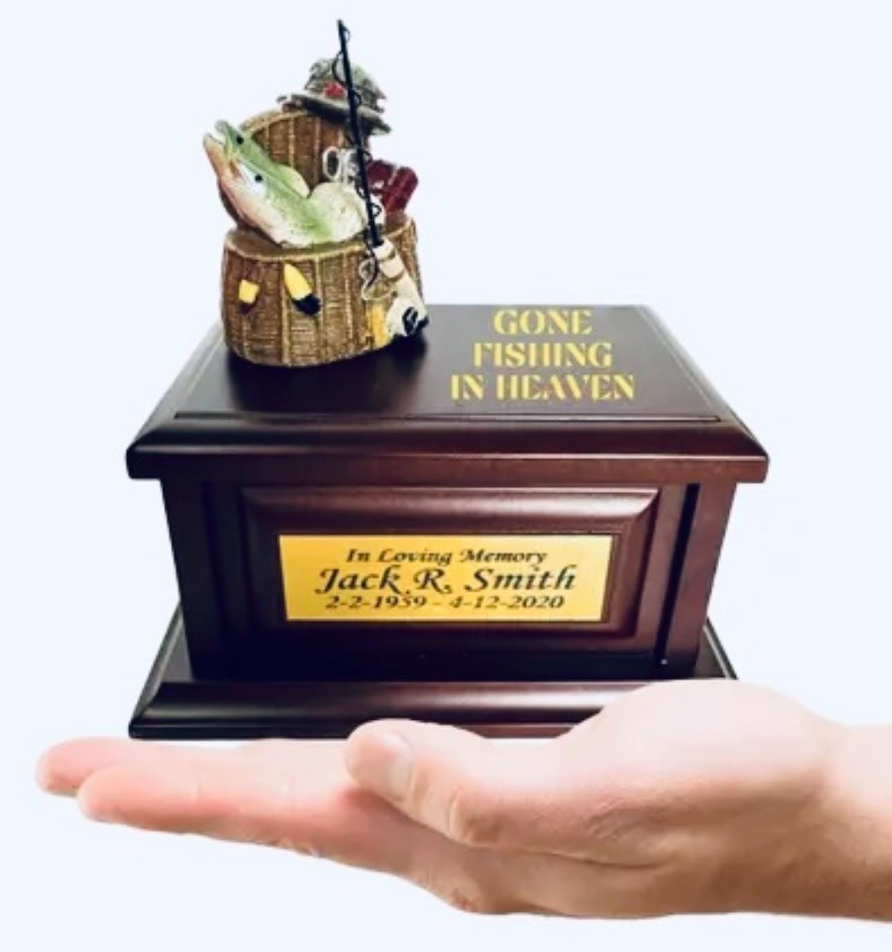 Gone Fishing Wood Keepsake Memorial Urn for ashes.  Fishing in Heaven Keepsake for outdoors lovers, fishermen and hunters. Small Urn