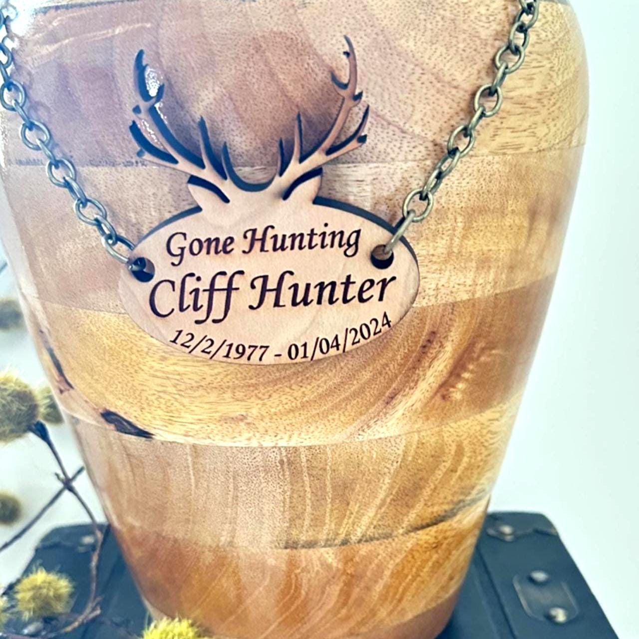 Engraved Wooden Hunting Urn Tag: Personalized Memorial Name Plaque