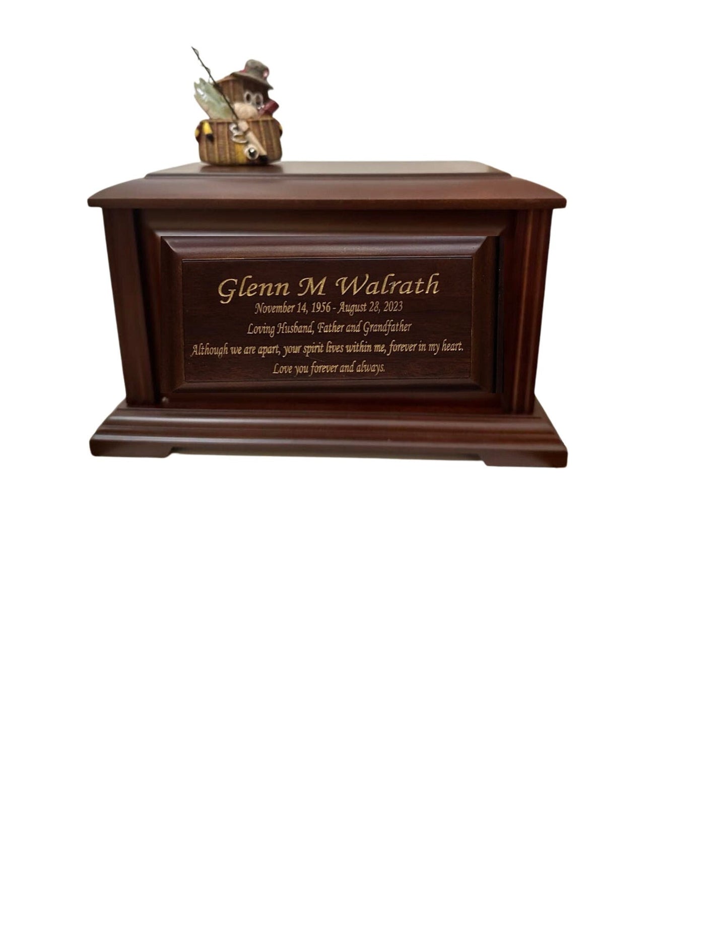 Gone Fishing Wood Memorial Urn for ashes for adult humans.  Fishing in Heaven Urn for outdoors lovers, fishermen.  Cremation Urn Full Size