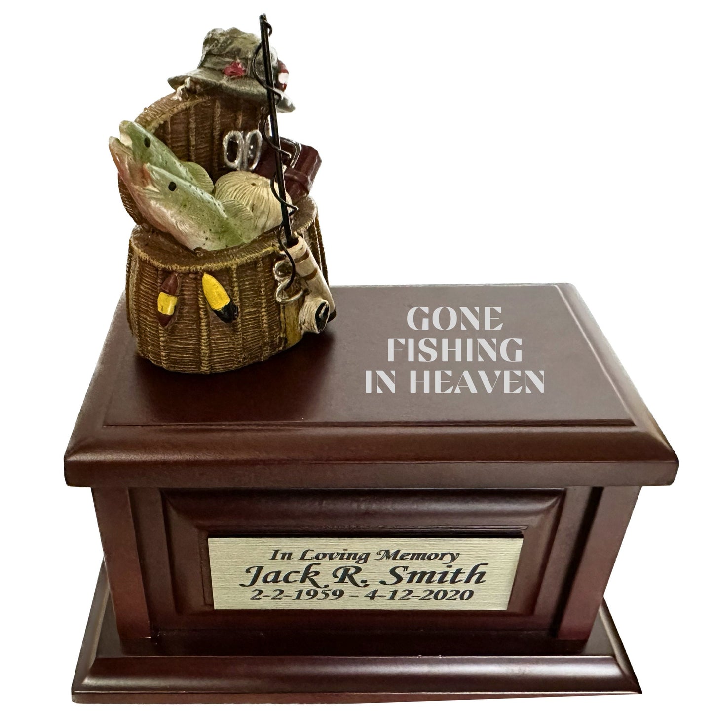 Gone Fishing Wood Keepsake Memorial Urn for ashes.  Fishing in Heaven Keepsake for outdoors lovers, fishermen and hunters. Small Urn