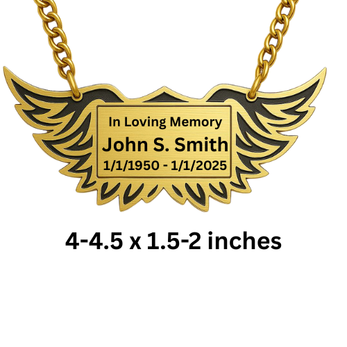 Angel Wings Urn Name Tag - Gold and Silver Metal Plastic with Chain