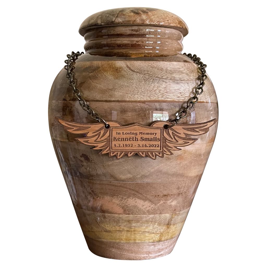 Natural Wood Angel Wing Urn Name Tag - Plaque for Cremation Urn with chain