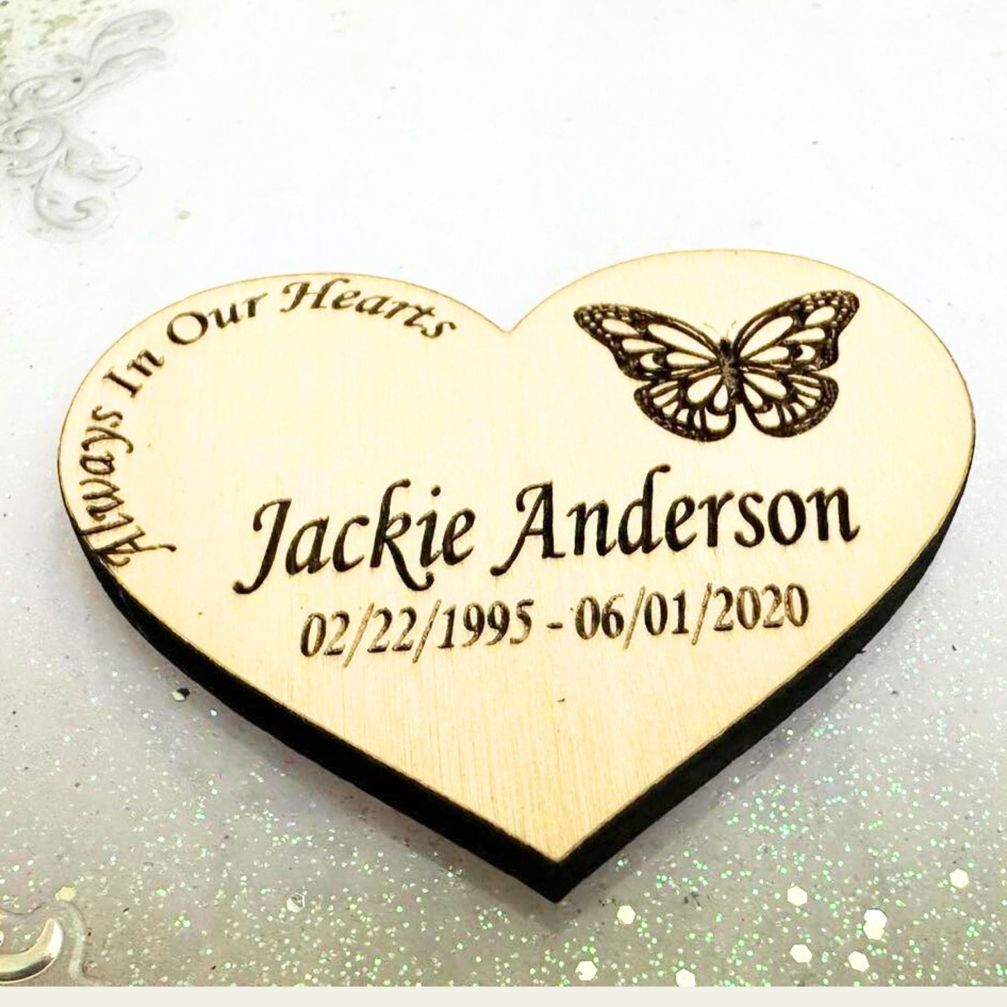 Wood heart with ribbon keepsake.  Personalized token for loved one's funeral- Favor to give as memorial in wakes, visitation (Copy) (Copy) (Copy) (Copy) (Copy)