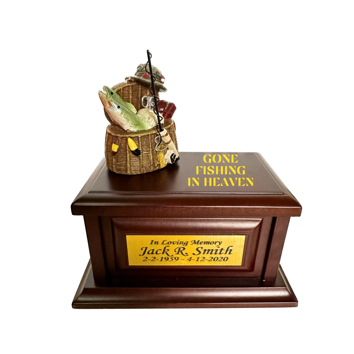 Gone Fishing Wood Keepsake Memorial Urn for ashes.  Fishing in Heaven Keepsake for outdoors lovers, fishermen and hunters. Small Urn