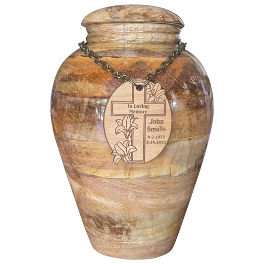 Wood Urn for Human Ashes , Cross Urn for Human Ashes Full Size , Cremates Urn with engraving - urn name tag