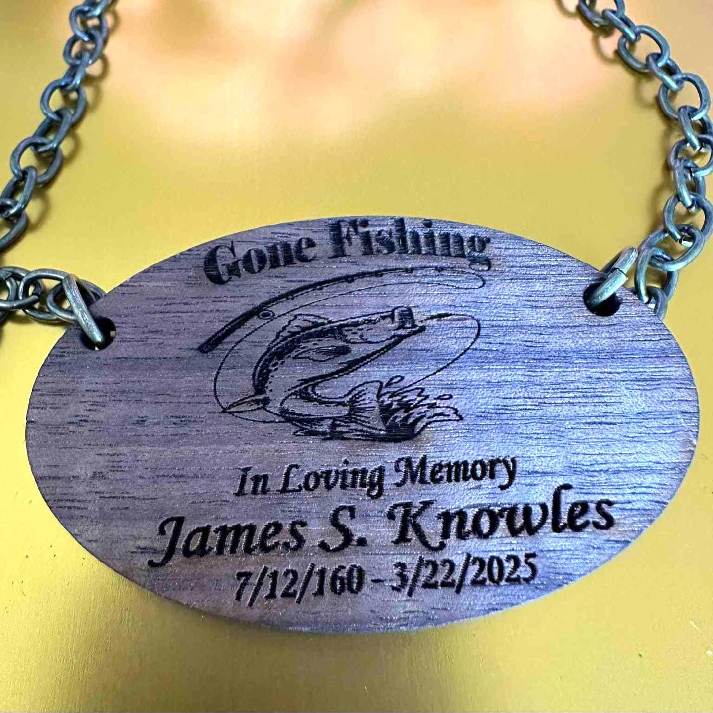 Engraved Gone Fishing in Heaven Wooden Urn Name Tag: Fishing Memorial Plaque