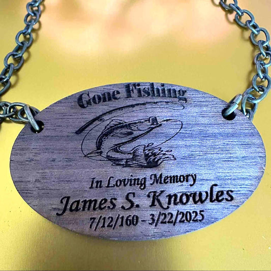 Engraved Gone Fishing in Heaven Wooden Urn Name Tag: Fishing Memorial Plaque