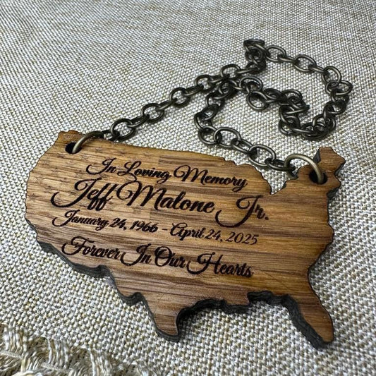 Engraved name plate for urns.  Customizable name tag for wooden urns.  Wood name tag for memorial urns.  US flag on map of America name tag