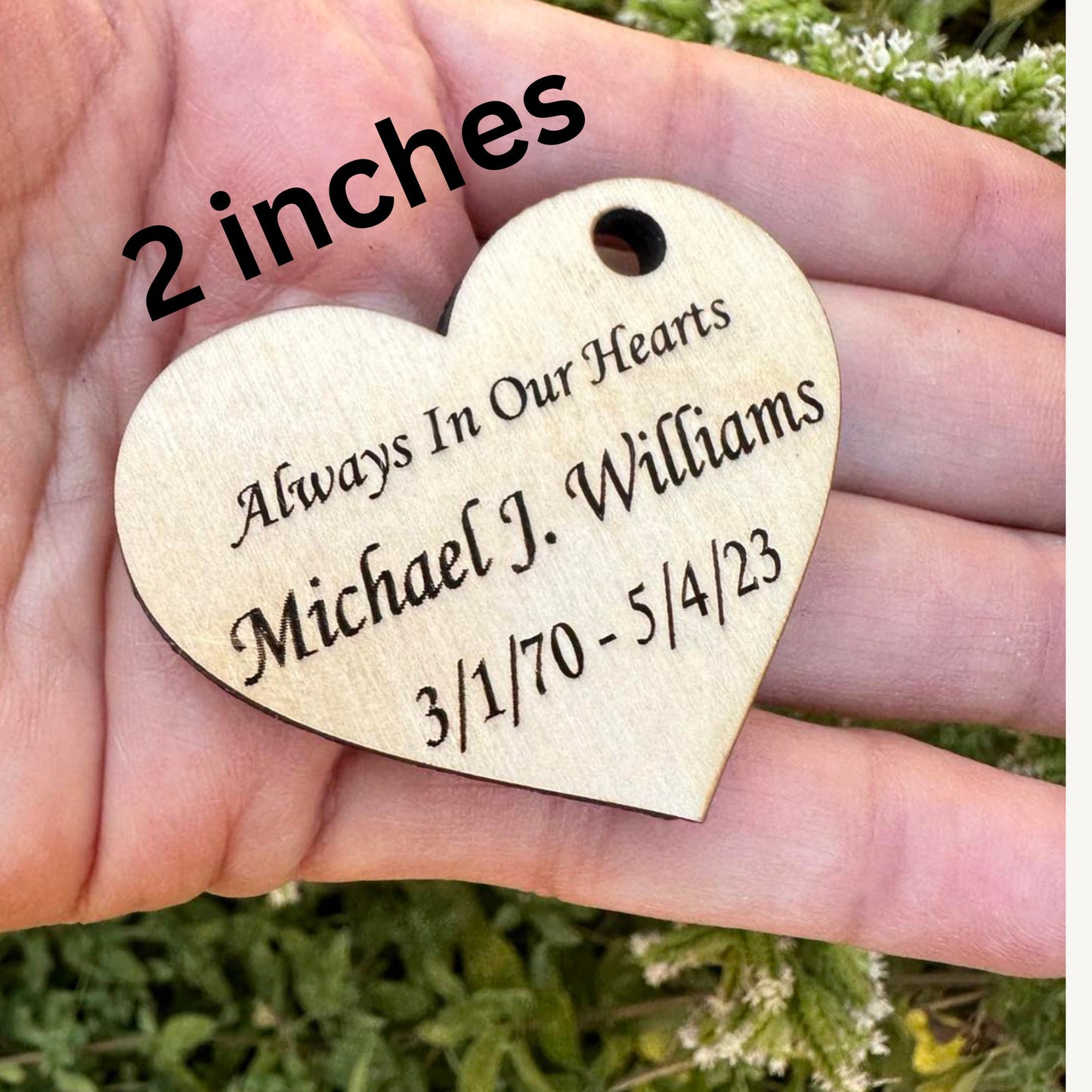 Wood heart funeral favor with laser engraving.  Heart shaped memorial token for celebration of life 2” and 2.5”. Wood, white, gold, silver (Copy)