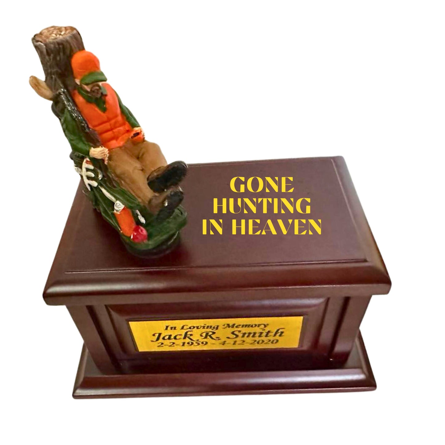 Gone Hunting Wood Keepsake Memorial Urn for ashes for adult humans.  Hunting in Heaven Keepsake for outdoors lovers, campers and hunters