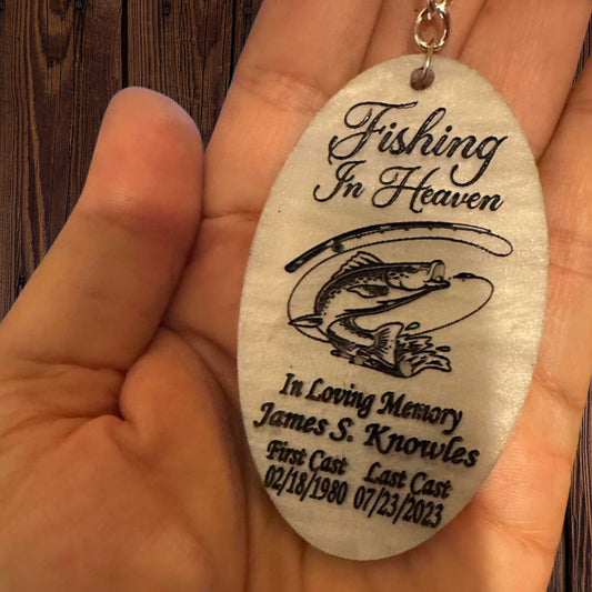 Personalized Fishing in Heaven name tag for urns - Christmas ornament - Engraved Wood and Acrylic Keychain funeral favor and token.