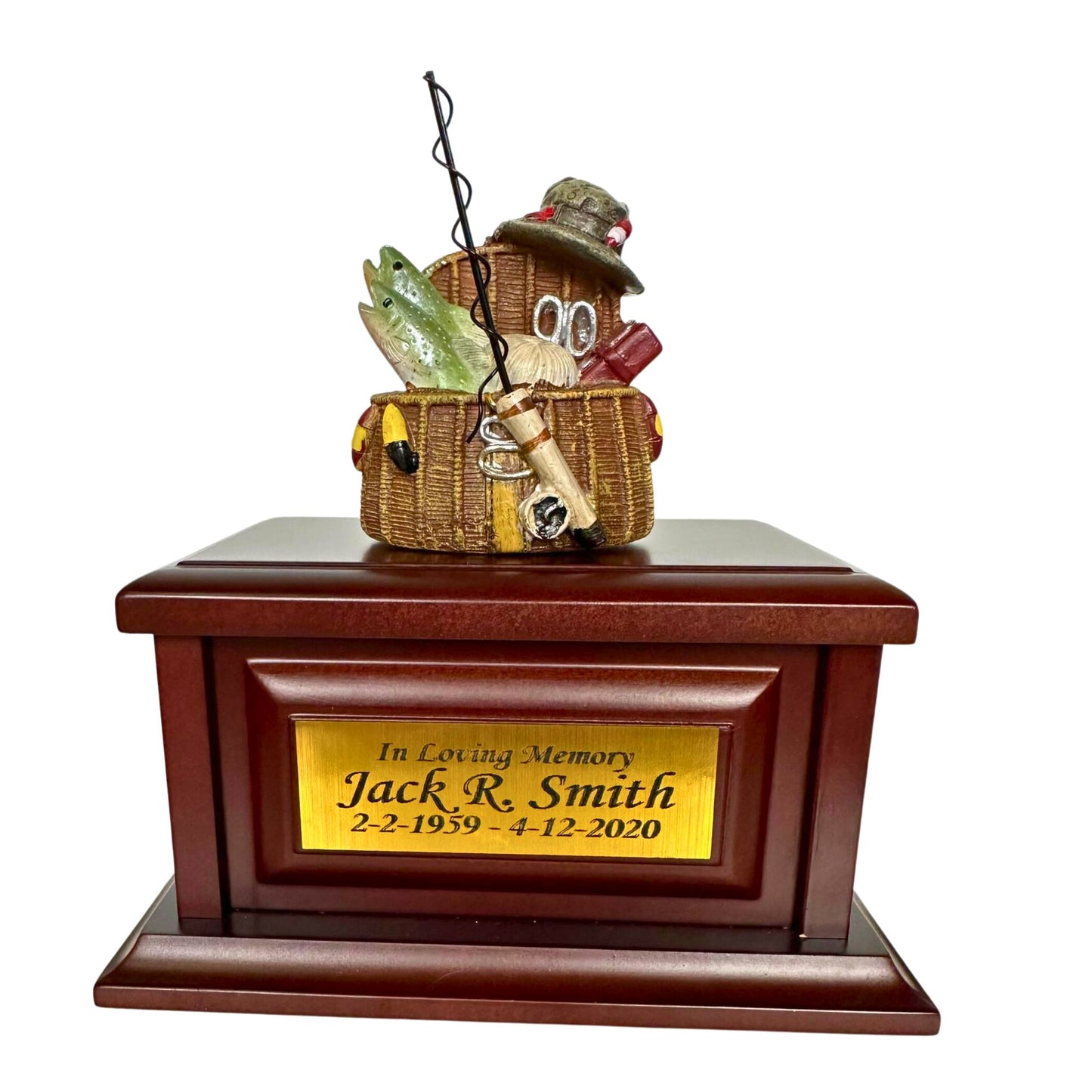 Gone Fishing Wood Keepsake Memorial Urn for ashes.  Fishing in Heaven Keepsake for outdoors lovers, fishermen and hunters. Small Urn