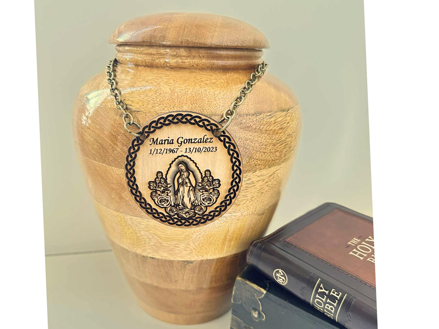 Virgin Mary Urn Name Tag – Lady of Guadalupe Memorial Plaque with Chain – Custom Engraved Wooden Urn Label – Catholic Remembrance Keepsake