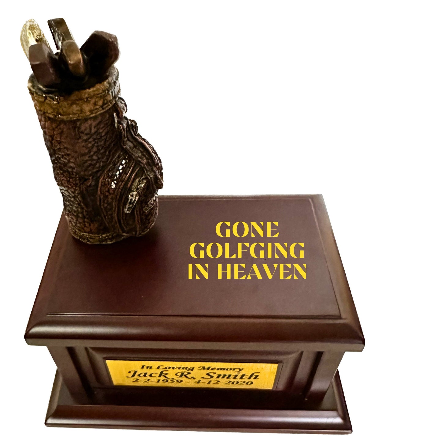 Gone Golfing small Keepsake Memorial Urn for ashes for humans.  Golfing in Heaven Keepsake for Golf lovers featuring golf clubs