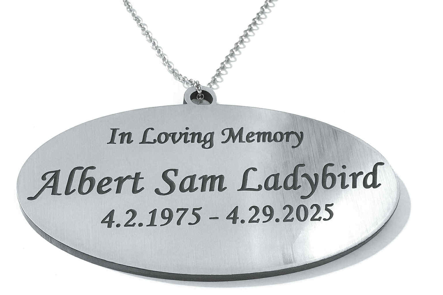 Silver Oval Urn name tag - Plaque for Urn for Ashes - Plastic Metal with Metal Chain