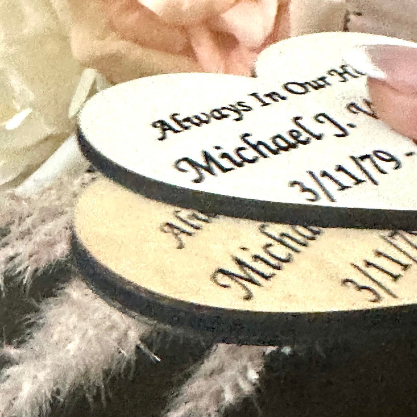 Wood heart funeral favor with laser engraving.  Heart shaped memorial token for celebration of life 2” and 2.5”. Wood, white, gold, silver (Copy)