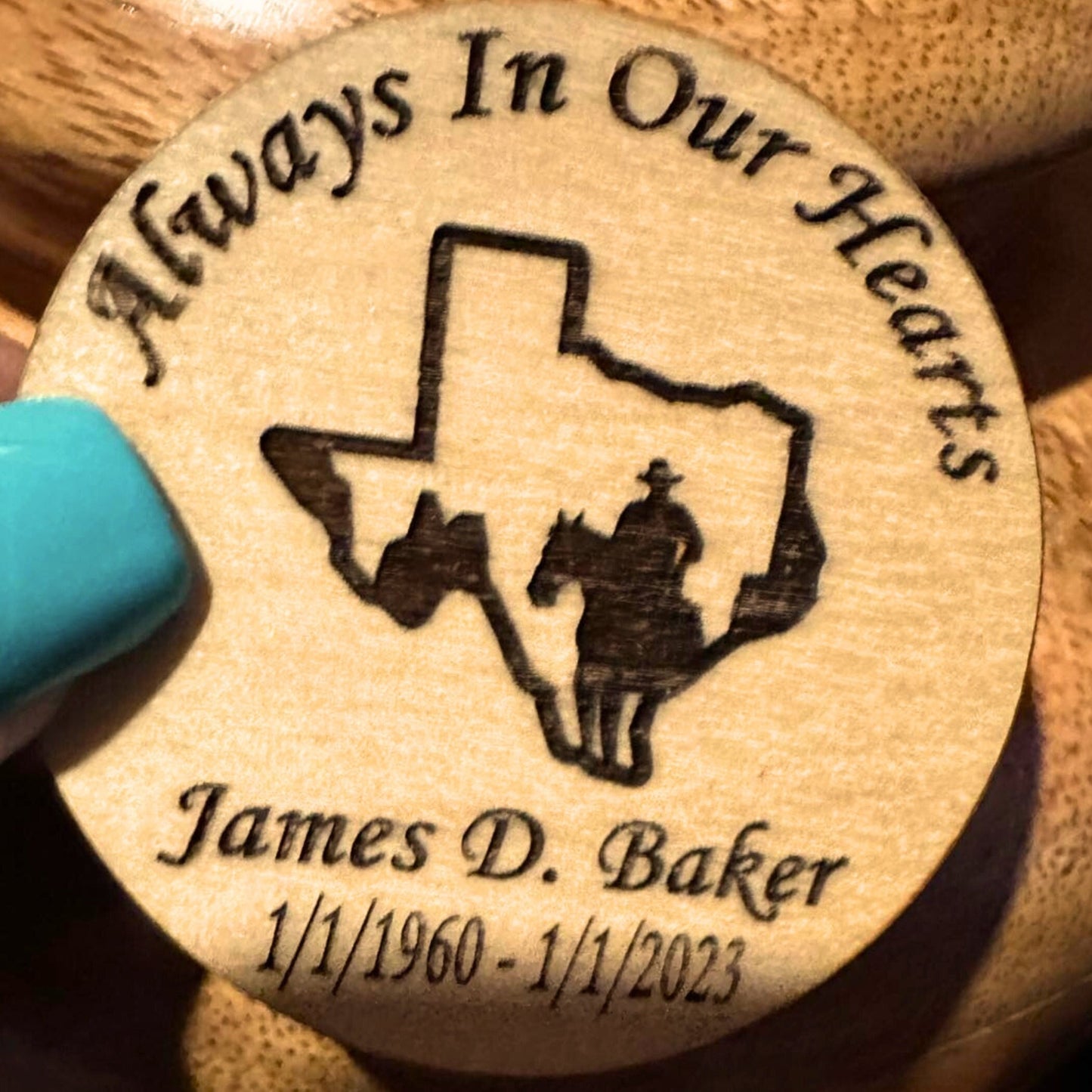 Texas Cowboy Personalized Funeral Favor - Engraved Wood 1.75 inch Memorial Token for Cowboys, horses, and Texas Lovers