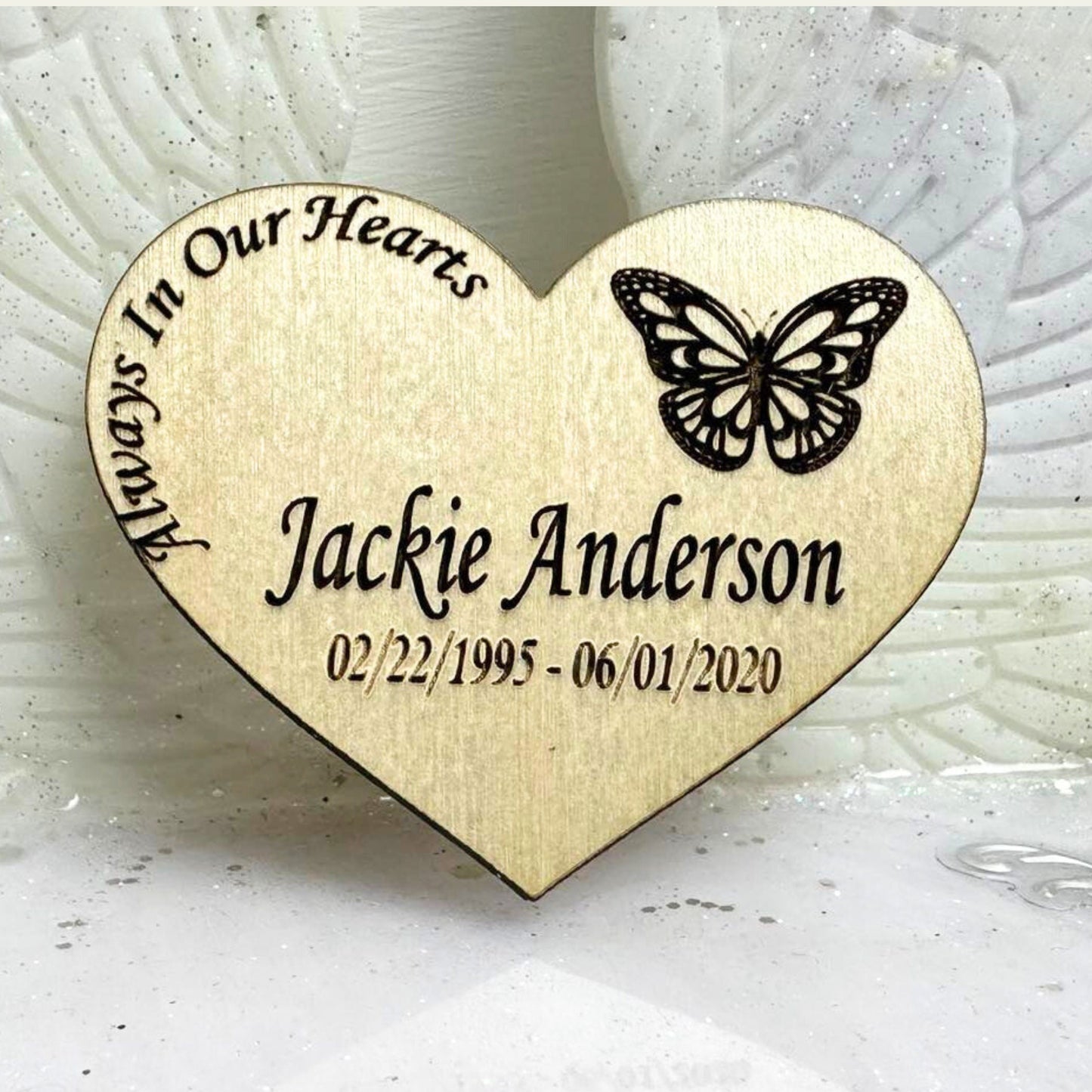 Wood heart keepsake with butterfly.  Personalized token for loved one's funeral- Favor to give as memorial in wakes, visitation