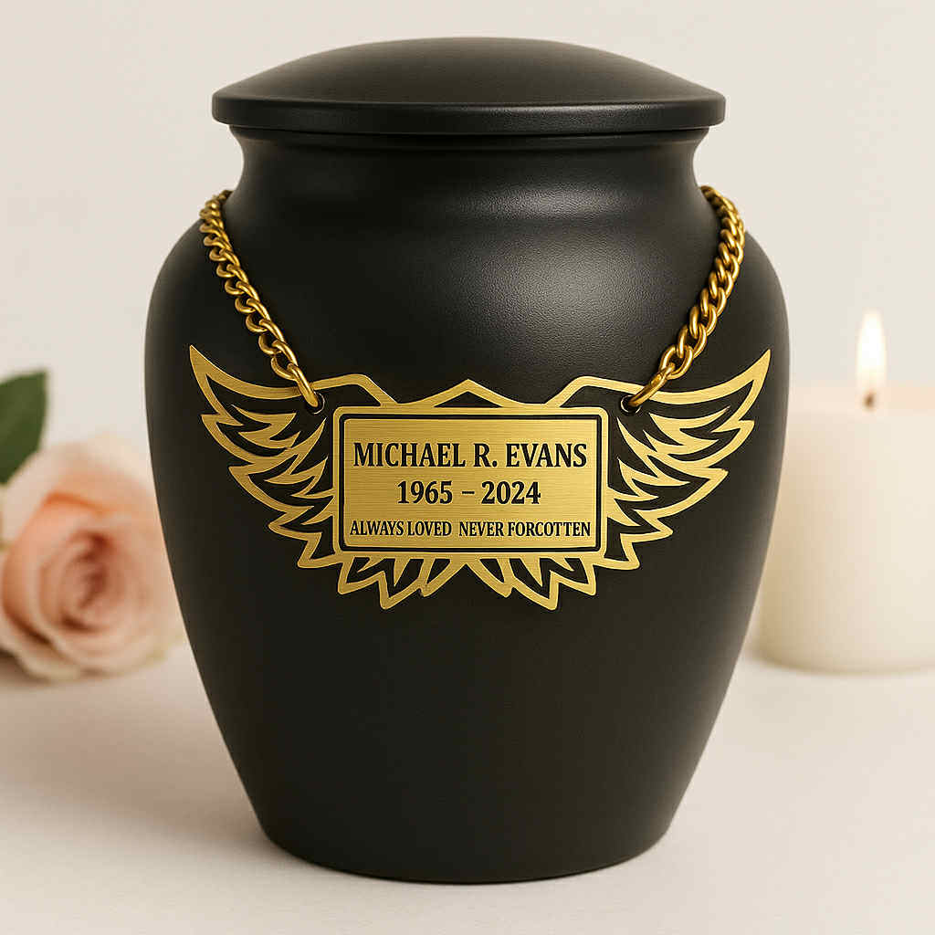 Angel Wings Urn Name Tag - Gold and Silver Metal Plastic with Chain