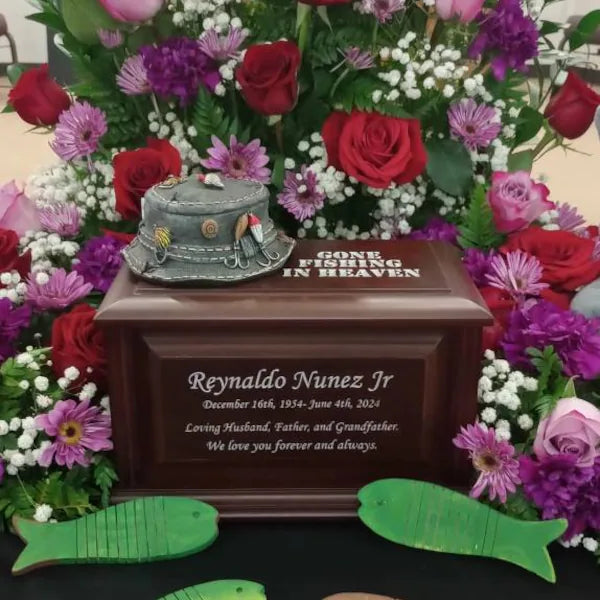 Gone Fishing Wood Memorial Urn for ashes for adult humans.  Fishing in Heaven Urn for outdoors lovers, fishermen.  Cremation Urn Full Size